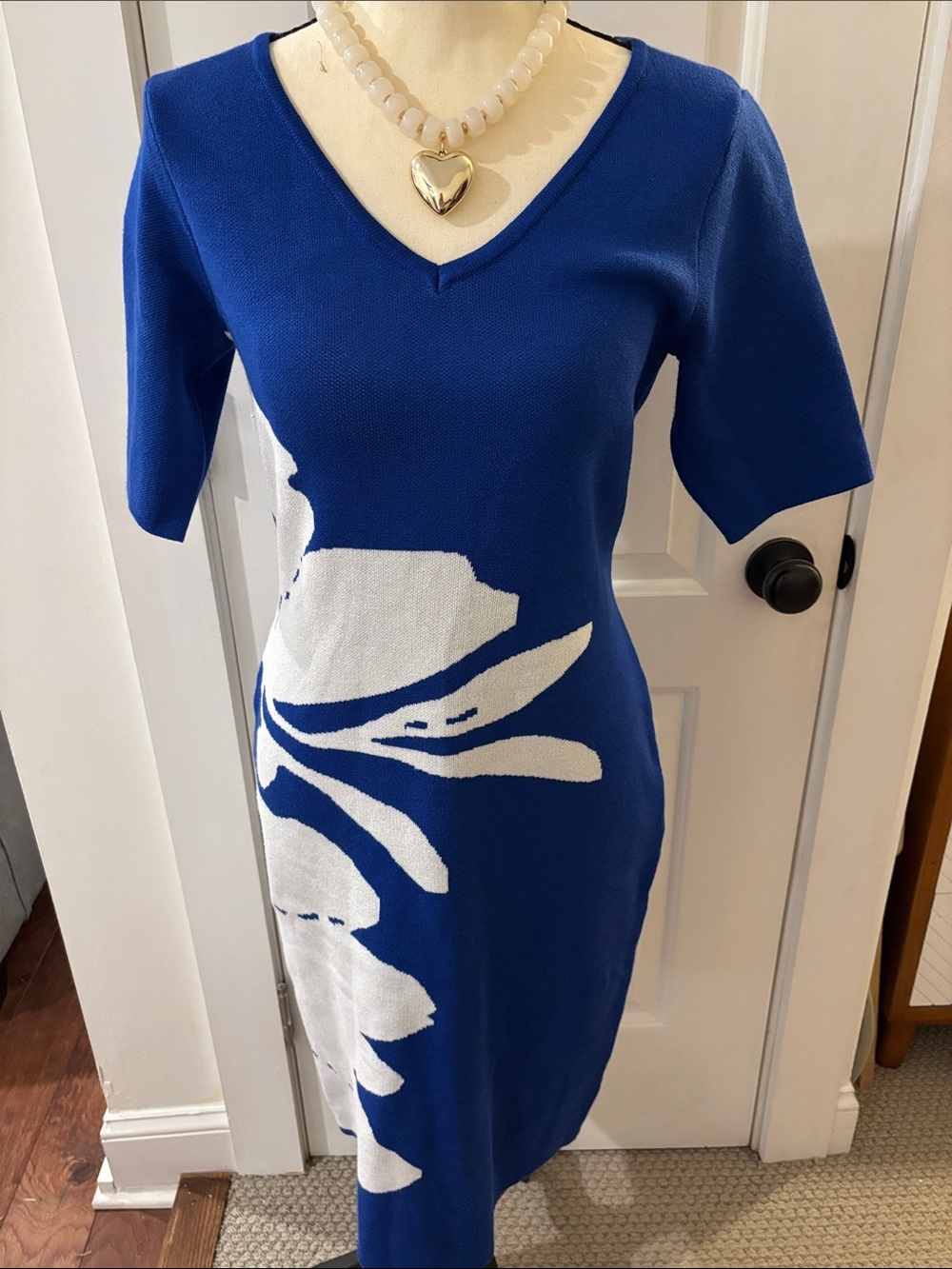 Nina Leonard Cobalt Blue V-Neck Midi Dress with White Floral Motif